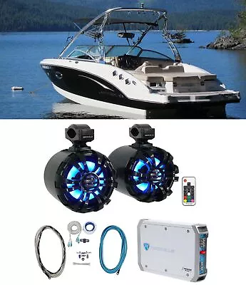 2) Rockville WB65KLED 6.5  600w Black Marine Wakeboard Swivel LED Speakers+Amp • $344.90