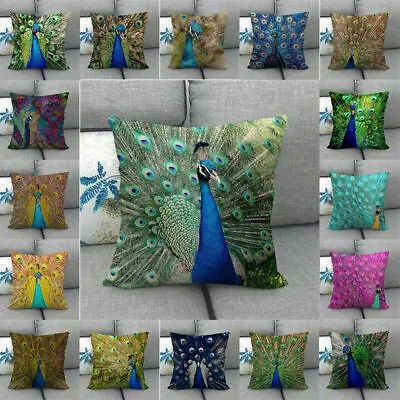 Animal Peacock Printing Square Linen Pillow Case Throw Cushion Covers Home Decor • £3.94