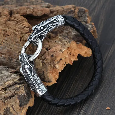 Men's Norse Viking Stainless Steel Dragon Braided Cord Leather Bracelet Bangle  • $9.99