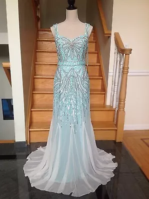 New $450 FAVIANA S7380 Seafoam/Silv Long Chiffon Formal Pageant DRESS GOWN Sz 10 • $189.99