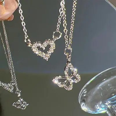 Fashion Butterfly Heart Zircon Shiny Necklace For Women Silver NEW FREE SHIPPING • $1.65