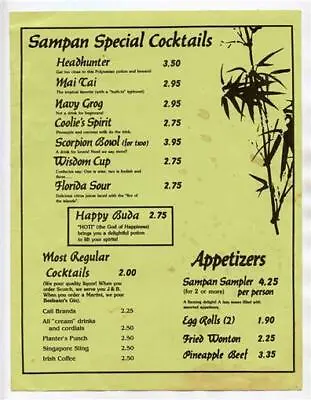 $18 • Buy Sampan Special Cosktails And Appetizers Menu Orlando Florida TIKI Collectors 