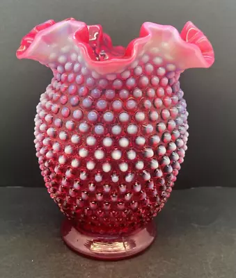 Vintage Fenton 3858 Cranberry Opalescent Hobnail 8  Double Crimped Vase • $115