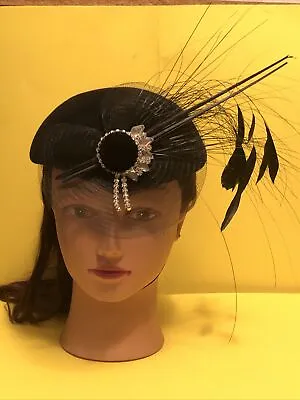 Sonni San Francisco Vintage Hat Fascinator Black Felt Black Feathers Pom Netting • $28