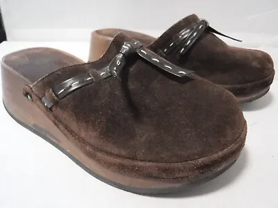 PFR VTG J. Crew Italy Brown Leather Wood Platform Hippie BOHO Bow Clogs Sz 6 • $39.99