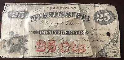 1864 25 Cents State Of Mississippi Obsolete Currency  • $54