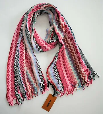 New Authentic MISSONI ORANGE LABEL Multi ZIGZAG Print WOOL Blend Knit Long Scarf • $115