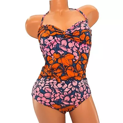 J.CREW One Piece Swimsuit Womens Blue Orange Floral Twist Top Swim Halter Size 4 • $14.39