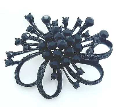 Vintage Black Mid-Century Mourning Brooch Black Rhinestones Ribbons • $14