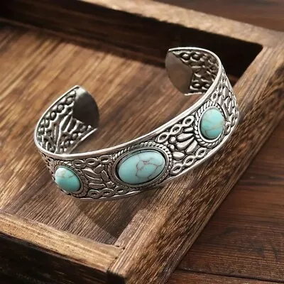 Boho 925 Sterling Silver Vintage Turquoise Tibetan Tibet Bracelet Bangle Cuff • $15.74