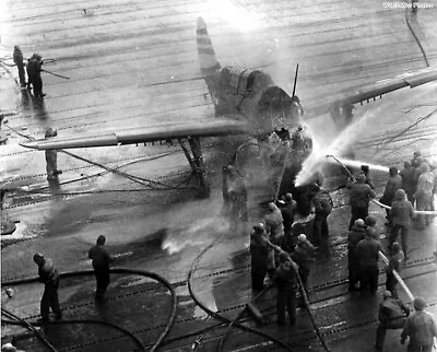 Burning Curtiss Helldiver Crash Landing USS Randolph 8x10 WWII Photo 668b • $7.43