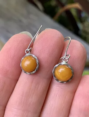 Solid Sterling Silver & Natural Butterscotch Amber Earrings. Vintage 1980s. • $6.74