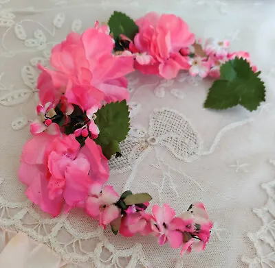 Vintage PINK Millinery Roses Flowers Stamens Wire Garland Japan Label Headband • $8.99