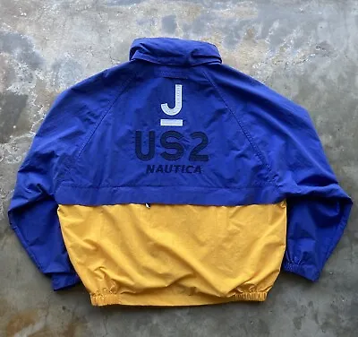 Vintage 90s Nautica Challenge J Class Spell Out Sailing Jacket Sz L Blue Yellow • $70