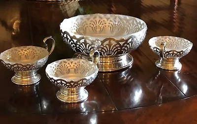 MAPPIN & WEBB Serving Bowl Dessert Bowls Frosted Glass Silver Plated Pierced Set • $499.99