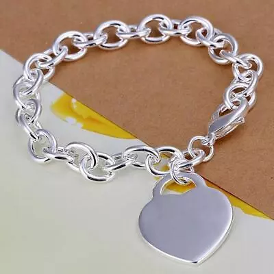 925 Pure Sterling Silver Rolo Chain Link Charm Bangle Heart Tag Bracelet Jewelry • $6.89