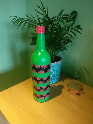 £5.99 • Buy Flower Vase Hand Painted Tall Glass Bottle Table Centerpiece Green/Pink/Black