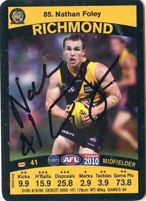 $7.50 • Buy AFL Teamcoach 2010 #85 Richmond Nathan Foley Autographed Card