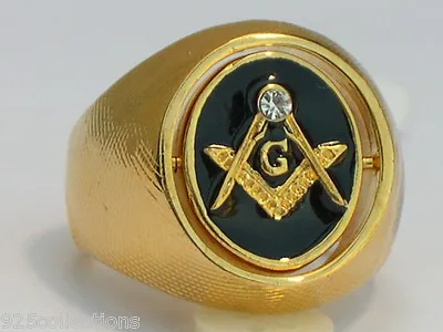 Turn Swivel Black / Black Enamel Clear Crystal Stone Mason Masonic Men's Ring 11 • £29.45