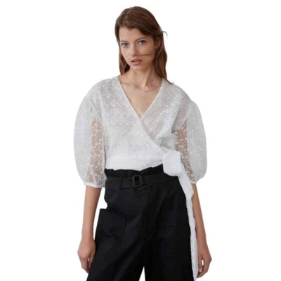 $50 • Buy RARE! Zara Blogger Favorite Floral Eyelet Embroidered Organza Wrap Top XS White