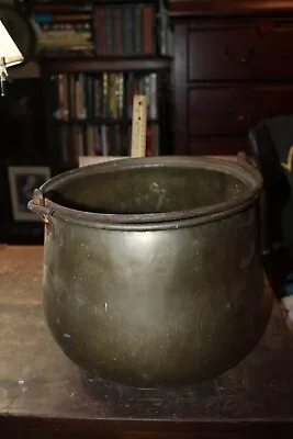 Antique Brass Cauldron Kettle Hand Made 10  Tall X 12  Wide Iron Handle • $85