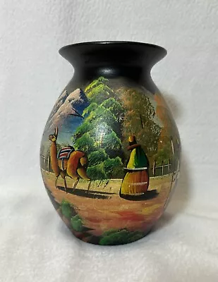 Peruvian Folk Art Vase Hand Painted Llama Indigenous People Terrain  7  H • $20