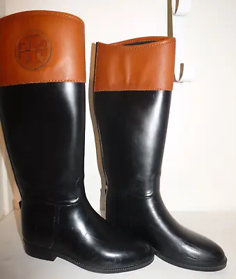 Tory Burch Leather Upper Rubber Almond Toe Logo Block Rain Boot Rear Zipper Sz 6 • $64.99