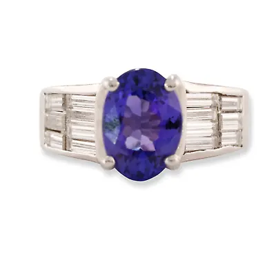 Large Estate Platinum* Blue Tanzanite Diamond 1 Cttw Baguette Ring 4.75 • £3615.76