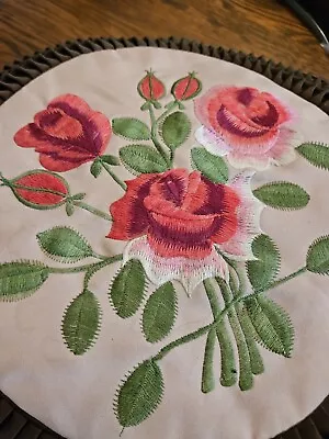 Vintage Round Pillow 1950's Stuffed Roses Crewel Embroidery Hand Made • $35