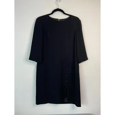 Tibi New York Women's 8 Black 3/4 Sleeve Black Lace Up Slit Shift Mini Dress • $24.95