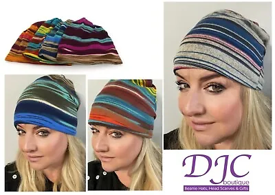 Beanie Hat Headwear Stripe Cap Stretch Super Soft Cotton Feel Hat • £8.89