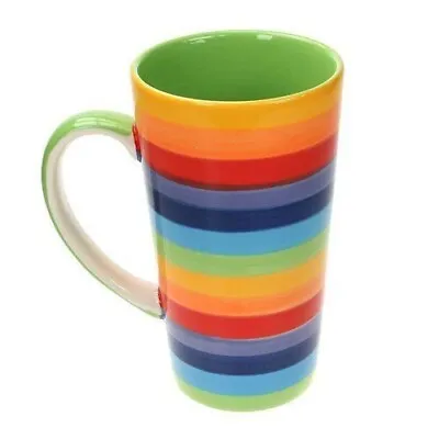 Rainbow Large Ceramic Hot Chocolate Tall Tea Coffee Mug Bright Stripey Colours • £9.99