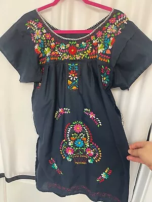 Blue Mexican Traditional Embroidered Shift Knee Length Fiesta Dress Size S/M • $25