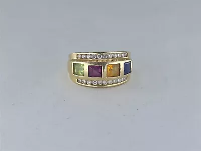 Vintage 14K Yellow Gold Multi-Gemstone And Diamond Band Sz 6.5 • $412