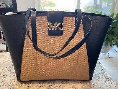 Michael Kors Karlie LARGE Natural Straw Pebbled BLACK Leather Tote Bag NWT- $358 • $145