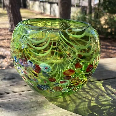 Large Green Millefiori Bowl Vase 7.5  H X 9  D • $49.99