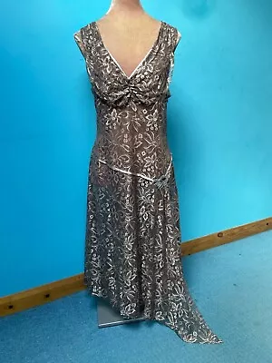 £4.99 • Buy BRONZE GOLD LACE SLEEVELESS V NECK ASYMMETRIC DROP WAIST 1920s LOOK OVER DRESS M