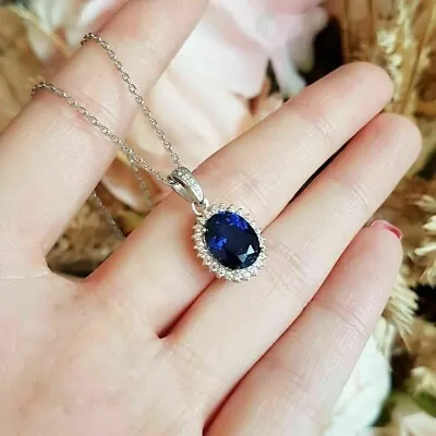 2 Ct Oval Lab Created Blue Sapphire Halo Pendant Necklaces 14k White Gold Plated • $71.49
