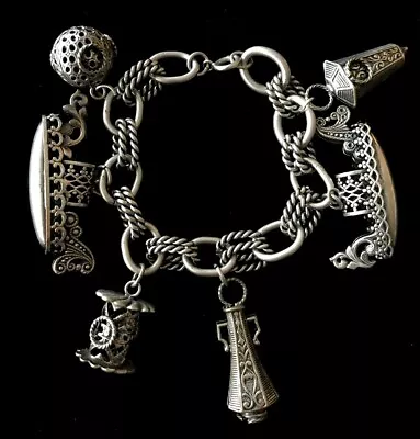 Vintage Silver Etruscan Style Big & Chunky Charm Bracelet 8  • $165