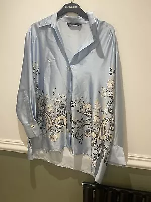 Womans Zara Baby Blue Flora Satin Blouse Shirt Size Small • £10