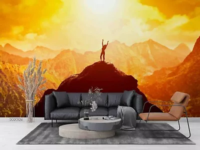 3D Sunrise Person Mountain Top Self-adhesive Removeable Wallpaper Wall Mural 576 • $23.16