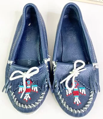 Minnetonka Moccasins Sz 7 Women Beaded Thunderbird Leather Navy Blue Slip-On GUC • $38