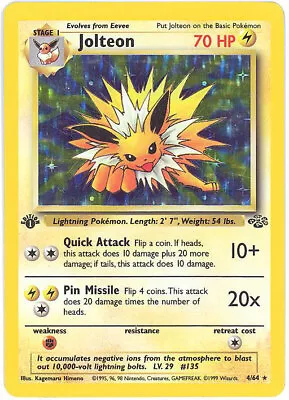 Pokemon Card - Jungle 4/64 - JOLTEON (holo-foil) **1st Edition** RARE! - NM/Mint • $131.89