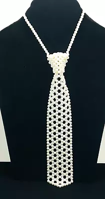 Vintage Funky Fun White Faux Pearl Beaded Necktie Necklace • $15.15