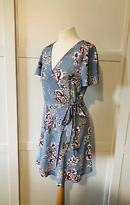 Dotti Summer Wrap Dress Size 10 Blue/Red Floral Long Waist Tie Short Sleeve VGC • £7