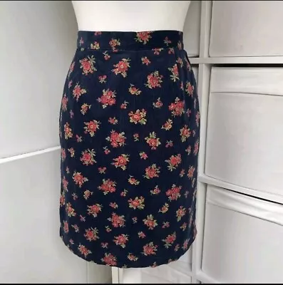 Laura Ashley Vintage Skirt To Fit Size 14 Navy & Red Floral Cord Made In GB • £18