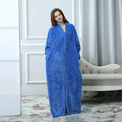 Ladies Dressing Gown Fleece Zip Bathrobe House Coat Winter Men Towelling Robe 1 • $41.35