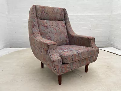 EB3057 Danish Purple Patterned Fabric High-Backed Arm Chair Retro Vintage MNOR • £250