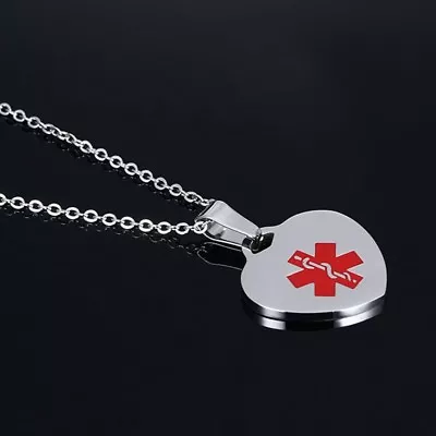 Women's Heart Medical Alert ID Tag Necklace Pendant Personalized Free Engraving • £6.59