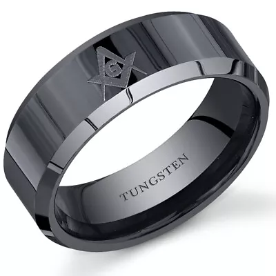 Masonic Gateway Symbol 8 Mm Comfort Fit Mens Black Tungsten Ring Sizes 8 To 13 • $34.99
